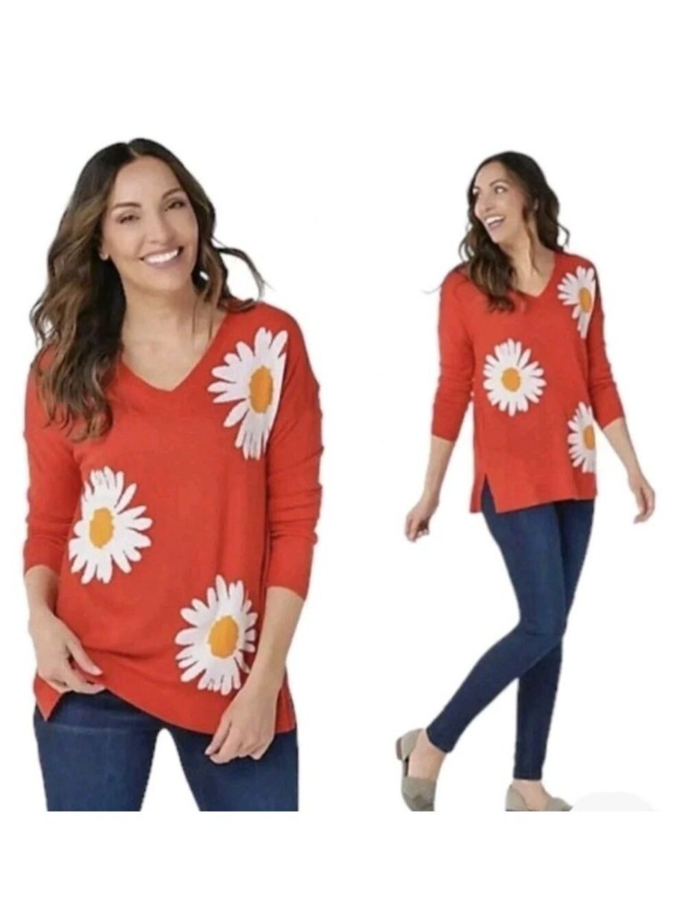 Laurie Felt Daisy Print V-Neck Orange Sweater Tunic Small Flower Power 70s Retro